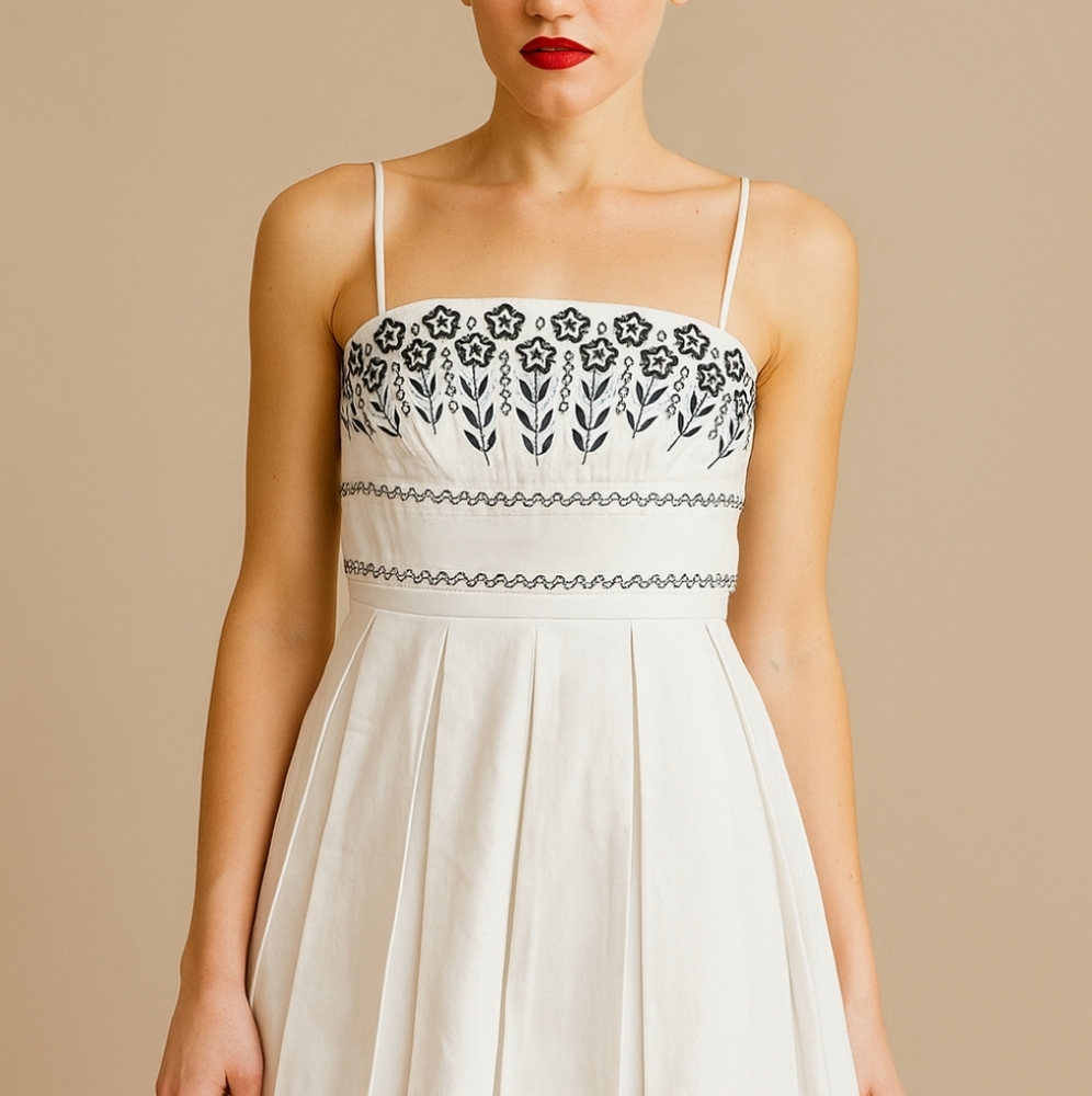 90s Cotton Embroidered White Floral Black Spaghetti Strap Dress Large